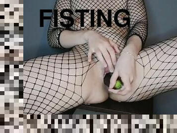 Submissive girl peeing, fisting and fucking herself with an eggplant