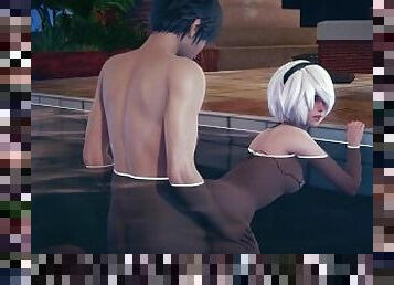 2B gets fucked doggystyle in the pool