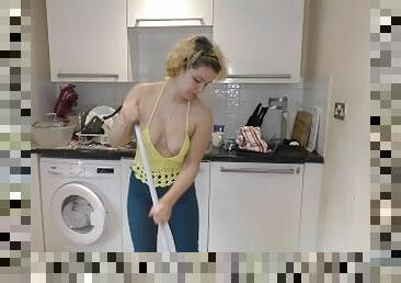 Delilah: downblouse view whilst mopping the floor