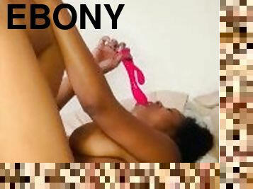 Ebony solo squirting while licking & sucking dildo