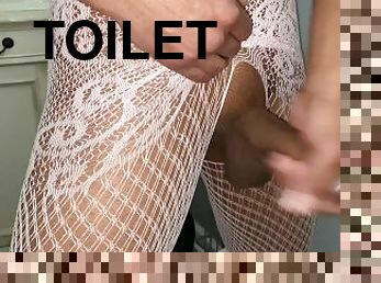 Hot Trans Girl Piss & Cums in Toilet Wearing Pink Lingerie