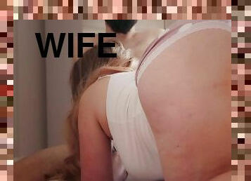 Wife in dotted panties is jumping over me. Big round ass and female orgasm. Real wife sex