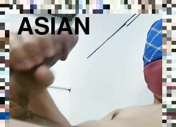 asiatisk, masturbation, gammal, amatör, gigantisk-kuk, avrunkning, juckande, äldre, ensam, kuk