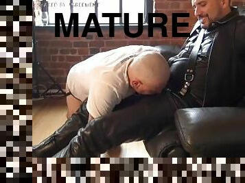 Leather worship slave worships his Master's leather gloves and pants PREVIEW