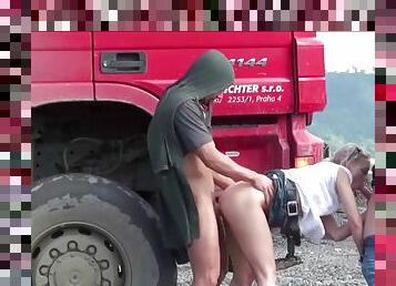 Public threesome gangbang on the construction site