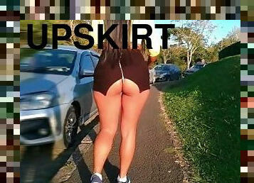 udendørs, offentlig, fisse-pussy, kone, amatør, upskirt, trusser, liderlig, fræk, fetish