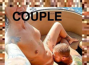 Naughty couple have fun on boat licking each other. Yuli swallows cum!