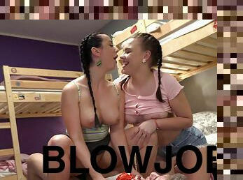 Horny Keira Flow and Lady Gang share stud dick in hostel