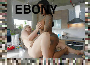 Curvy ebony Gogo Fukme licks pussy of blonde Kendra Kox in the kitchen