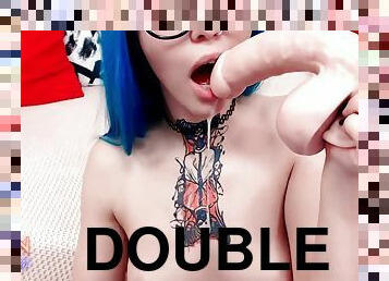 Tattooed Teen - Double Blowjob Dildo - Real Orgasm