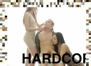 Naked women dominate a handsome man