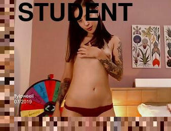 Slim girl with student body shows her small boobs while she slowly dances to the music and pleases you