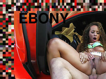 Sexy ebony Teanna Trumo banged on the front seat