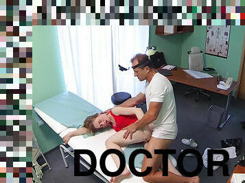 Slim blonde eagerly takes doctor's cock