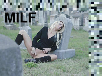 Elegant milf Jessica Drake masturbating on the graveyard