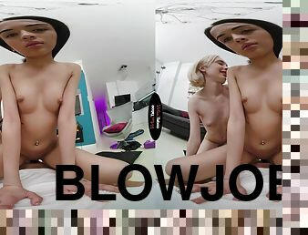 blowjob-seks-dengan-mengisap-penis, remaja, bertiga, sudut-pandang, berambut-pirang, 18-tahun, kecil-mungil, berambut-cokelat, payudara-kecil