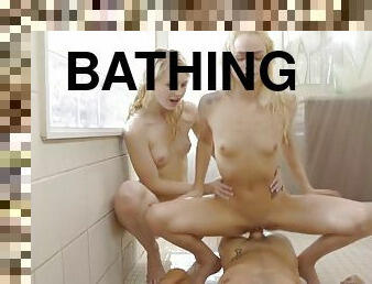 Shower FMF threesome fuck with two amazing blonde teens