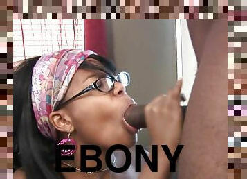 Sexy ebony teen babe in eyeglasses sucks BBC after workout
