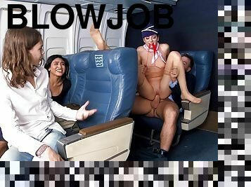 A lucky guy gets handjob from a flight attendant Nikki Knightly