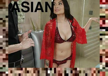 Big tit Asian masseuse on wet knob in shower
