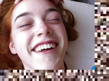 Slender redhead teen fucked by 2 horny old guys in bed