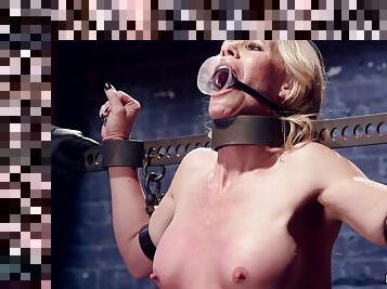 Housewife gagged in metal stock whipped