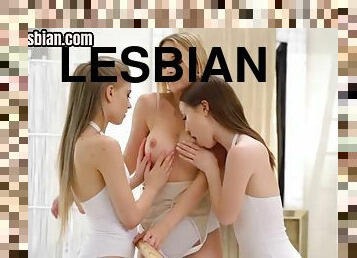 Tiny lesbians enjoy threesome sex with dildo toys