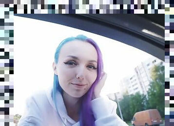 Cute alt girl with blue hair and sexy smile fucks for cash