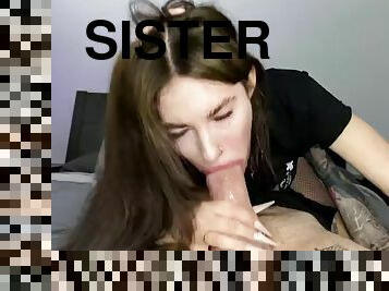 Stepsister saw a huge cock and couldnt resist a slobbery blowjob