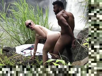 Beautiful white chick gets blacked by waterfall