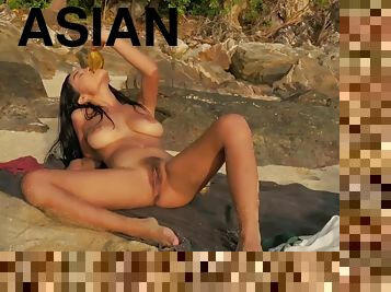 asiatisk, utomhus, publik, brudar, tonåring, ensam, bikini, exotisk, vild