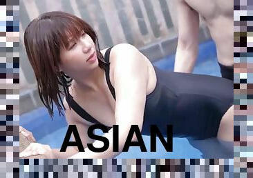 asiatisk, fitta-pussy, amatör, galen, pool, glamour, vild