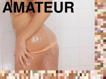 Wet young brunette Bella sucking big dildo in shower - Toy