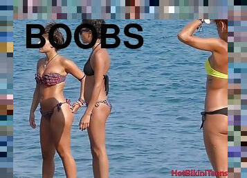tettone, ragazze-giovani, videocamera, spiaggia, voyeur, bocce, bikini, topless