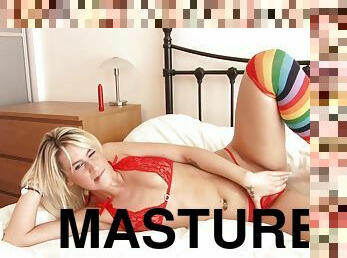 Blonde stripper puts on rainbow knee highs, shiny heels & sexy red lingerie