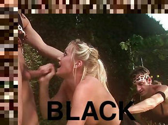 2 guys with big cocks share one blonde in sexy black hold ups and panties