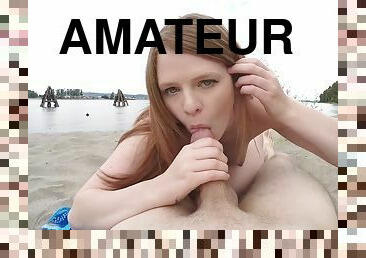 utomhus, publik, amatör, avsugning, cumshot, tonåring, strand, rumpa, rödhårig, pov