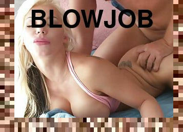 Blonde Barbie Sin gives 69 blowjob & gets pounded to climax