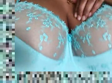 busty ebony alisa trying new blue bra