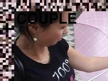 Couples sex play in public toilet