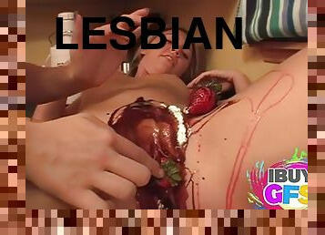 Jamie Spice with lesbian friend licking pussy with cream and strawberries