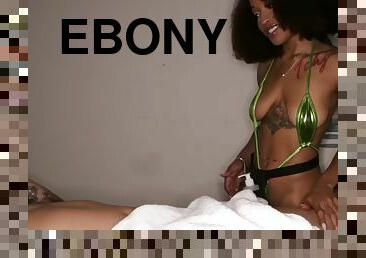 Masseuse ebony babe in bikini jerks off client after massage