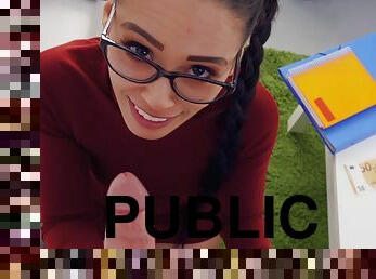 Lessons In Public Pickups for brunette nerd in glasses by monster cock stud Jordi El Nino Polla