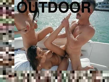 Semen Sirens of the High Seas: outdoor threesome on boat with young chicks Charles Dera, Katana Kombat, Autumn Falls