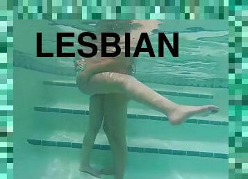 lesbisk, milf, par, kyssar, pool