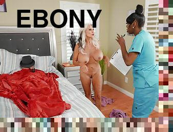 Ebony Mystique and shameless granny Sally D'Angelo in threesome porn clip