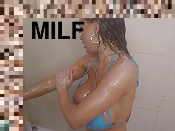 mandi, payudara-besar, jenis-pornografi-milf, mandi-shower, seorang-diri, basah, berambut-cokelat, menggoda