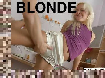 Pretty blonde teen stretches before getting covered in cum
