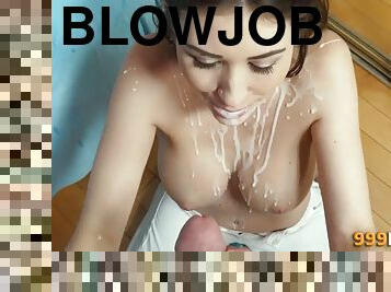 Babe gets facial after blowjob
