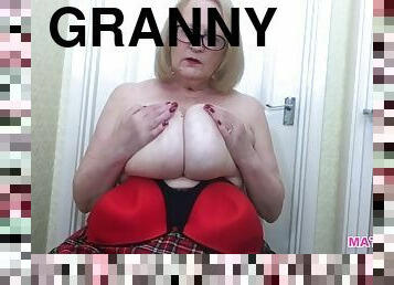 Old Granny Sally in her tartan outfit strips naked and fingers her pussy